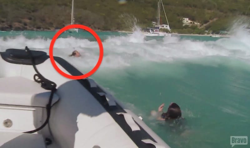 The moment one of the guests is nearly dragged under by waves on this week's Below Deck