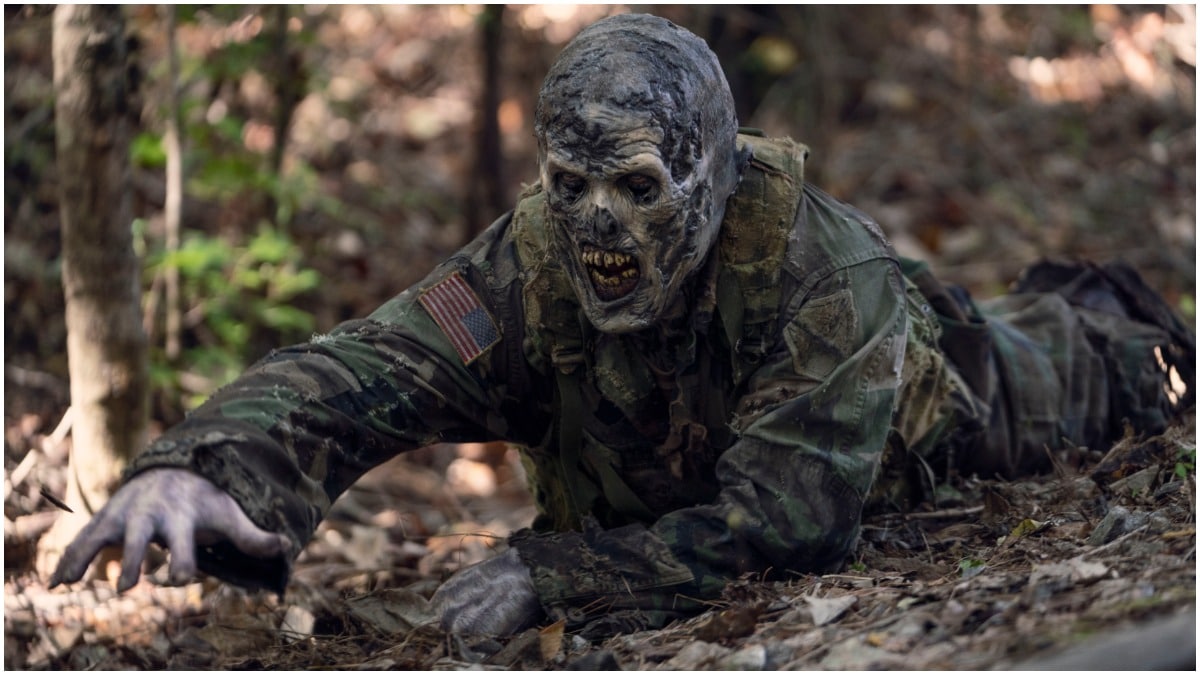 A walker wearing military gear, as seen in Episode 21 of AMC's The Walking Dead Season 10C