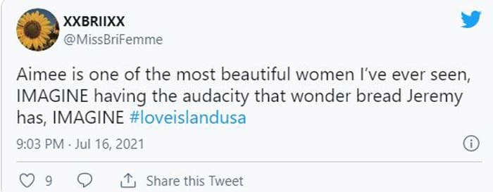 XXBRIIXX tweet on Love Island USA