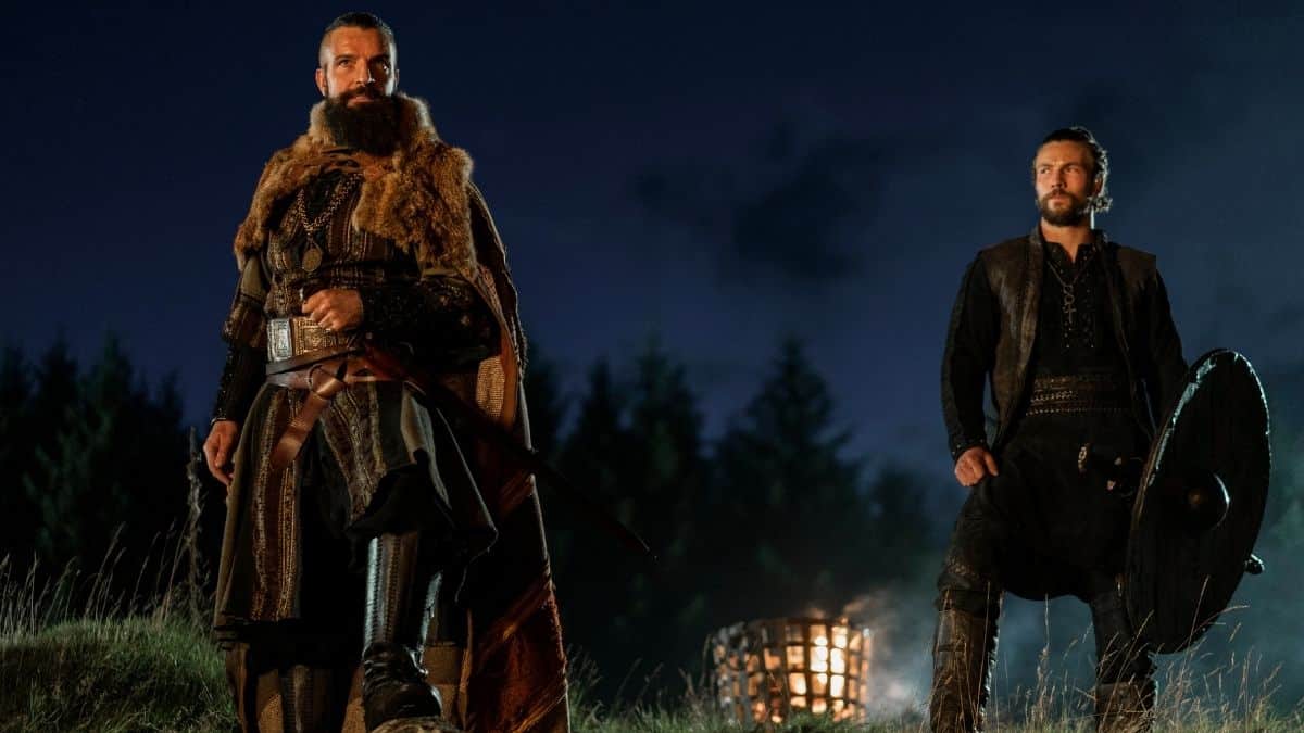 Bradley Freegard as King Canute and Leo Suter as Harald Sigurdsson, as seen in Episode 1 of Netflix's Vikings: Valhalla Season 1