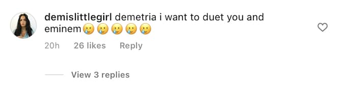 Instagram comment wishing for an Eminem and Demi collab