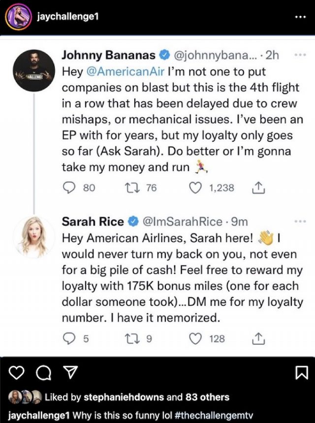 The Challenge Sarah Rice gives hilarious reply to Johnny Bananas