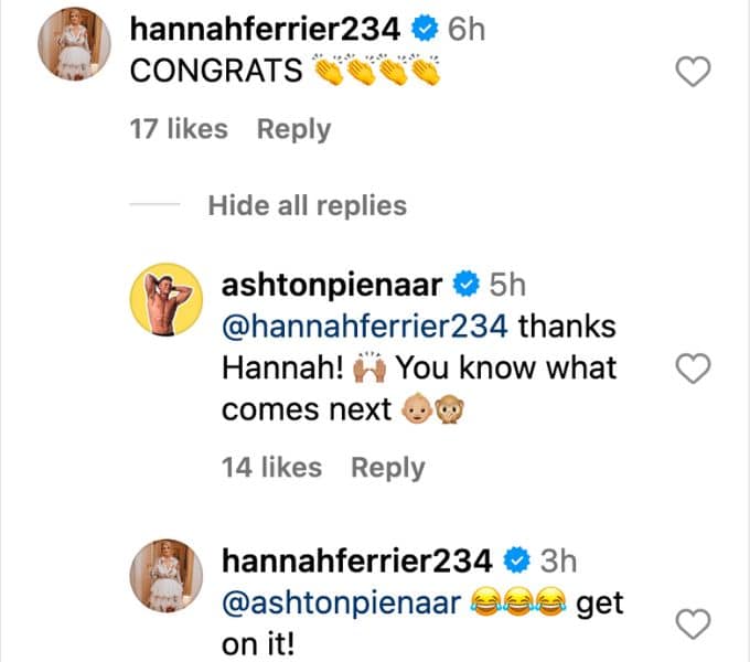 Hannah replies to Ashton's IG post