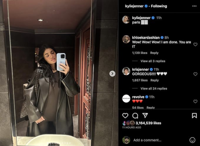 kylie jenner shares selfie from paris france