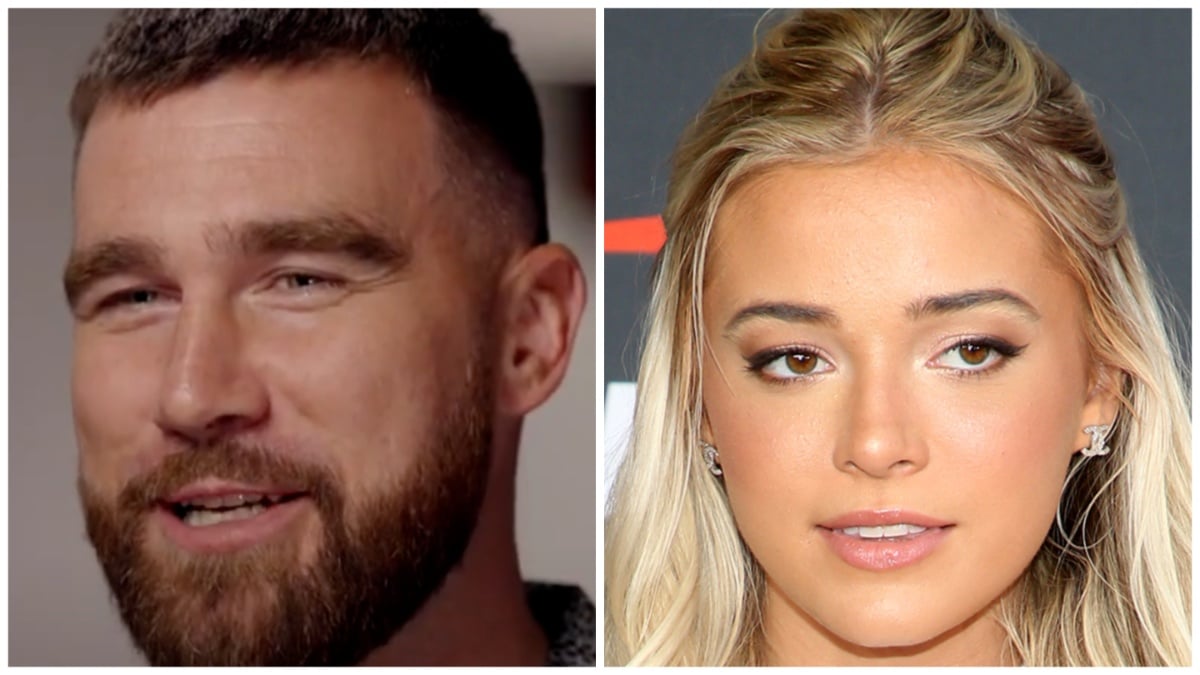 travis kelce face shot from abc gma interview and livvy dune face from 2022 ESPYs appearance
