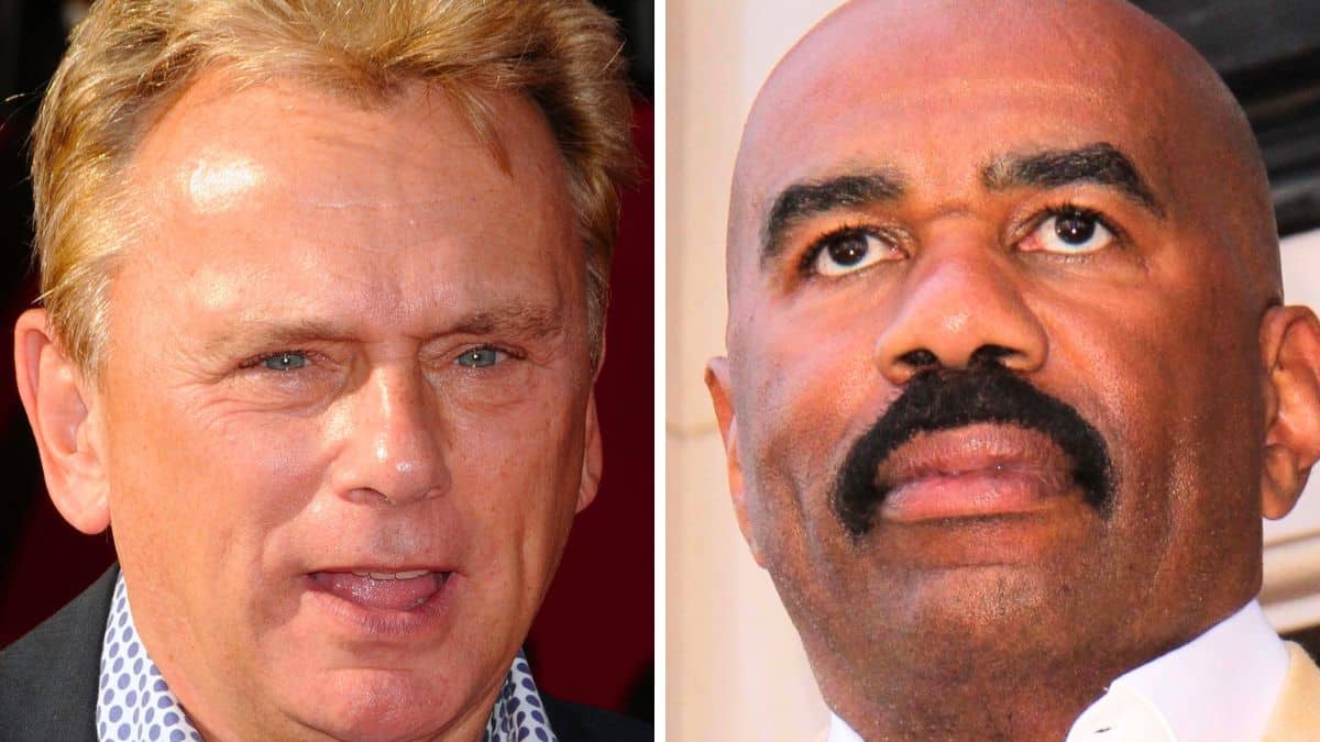 pat sajak and steve harvey pose for photos on the red carpet