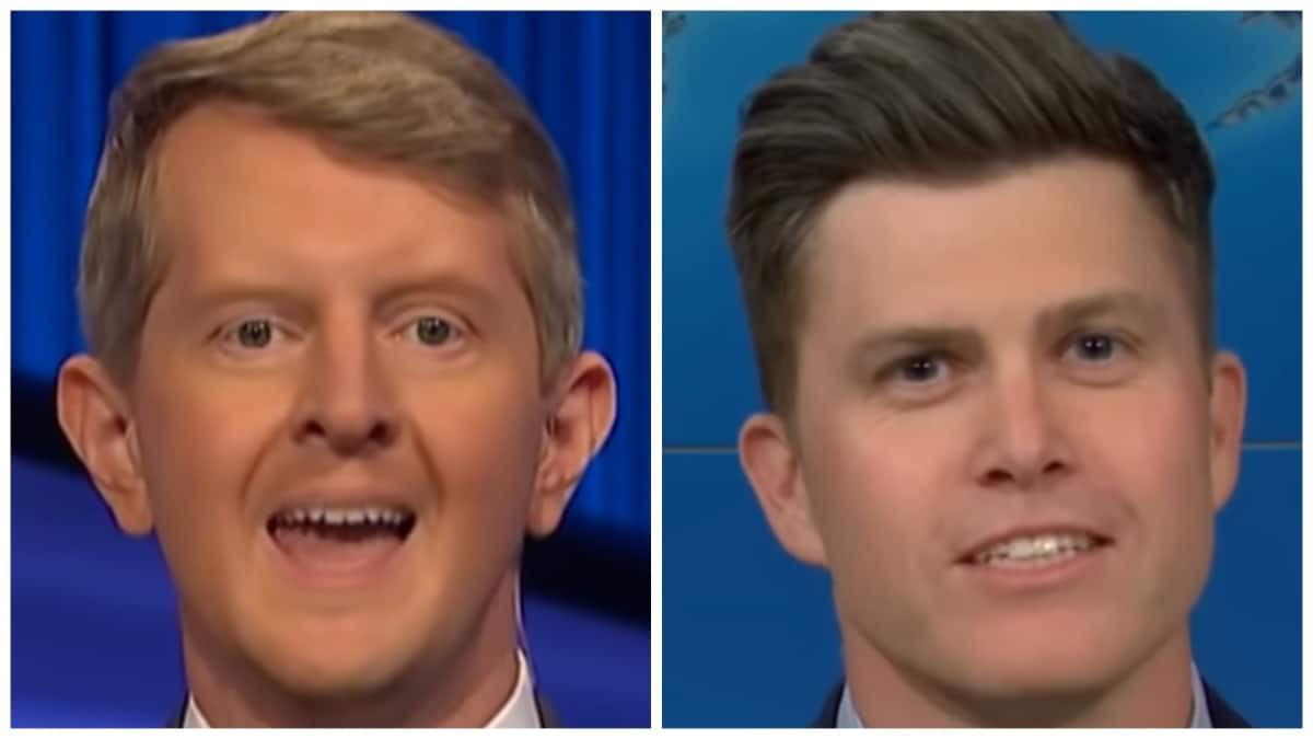 ken jennings and colin jost face shots from jeopardy on abc and saturday night live on nbc