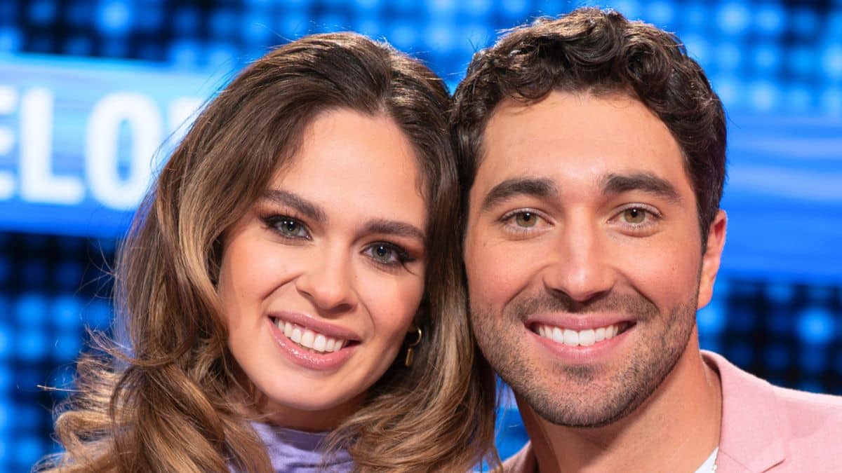 Joey Graziadei and Kelsey Anderson press photo from Celebrity Family Feud