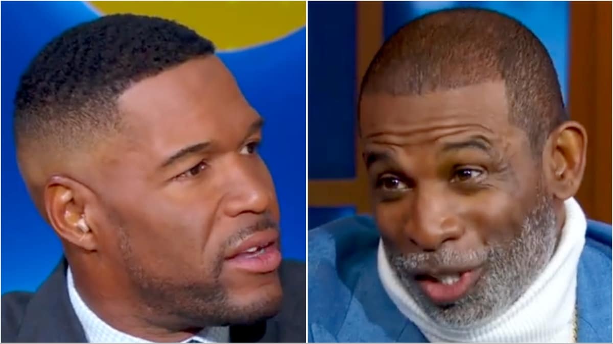 michael strahan and deion sanders face shots during gma interview